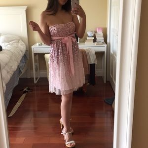 Aqua Pink Ombré Bejeweled Strapless Cocktail Dress